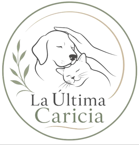 Logotipo de La Última Caricia: un perro y un gato apoyados el uno en el otro junto a una mano que los acaricia